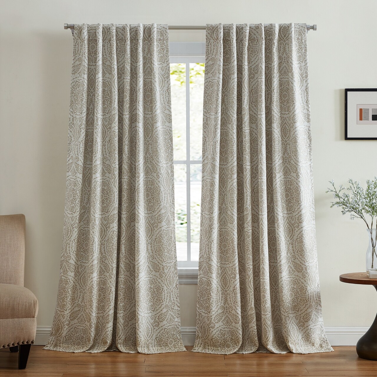 Threadmade Home Giovanni Medallion Blackout Window Curtain Panel, Natural - 52"W x 84"L